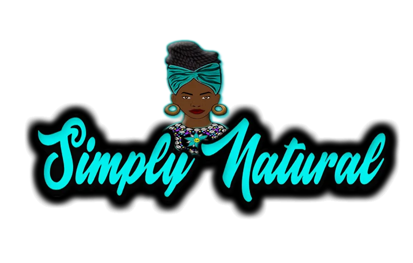 Simply Natural Logo, showcasing an African Women and the business's name in a cyan color, cursive font